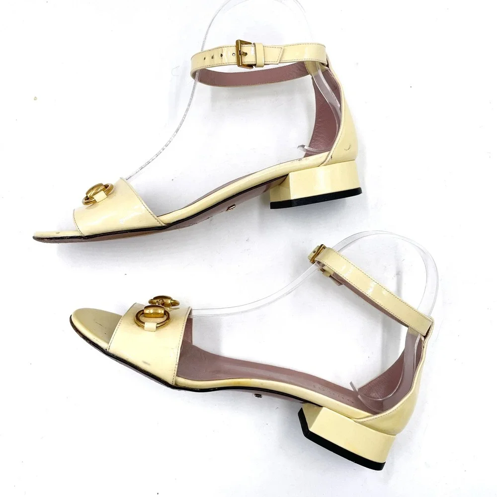 Gucci Horsebit Sandals Butter Yellow Patent Leather Low Heel Sz 36 / 6 - Picture 8 of 12